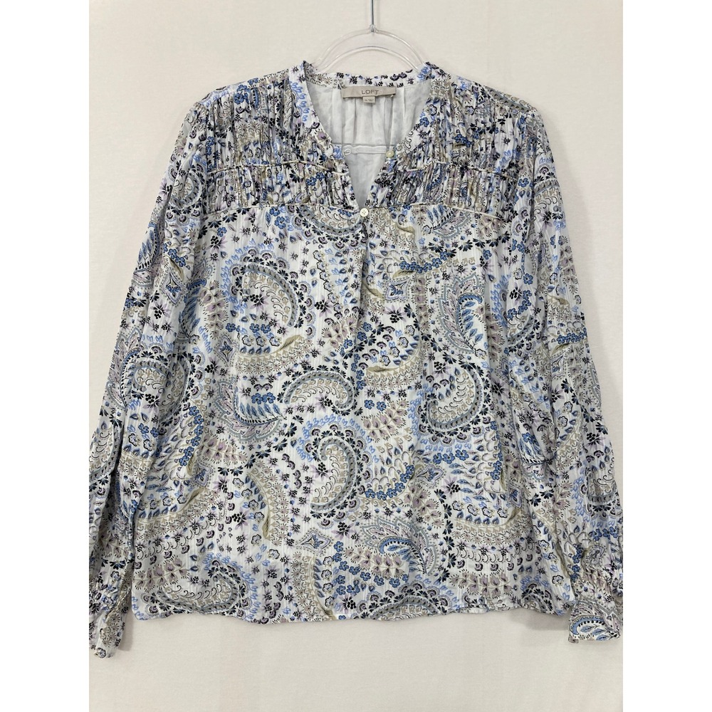 Loft Blouse XL Floral Paisley Smocked V-Neck‎ Long Sleeve Ruffle Cuff Feminine